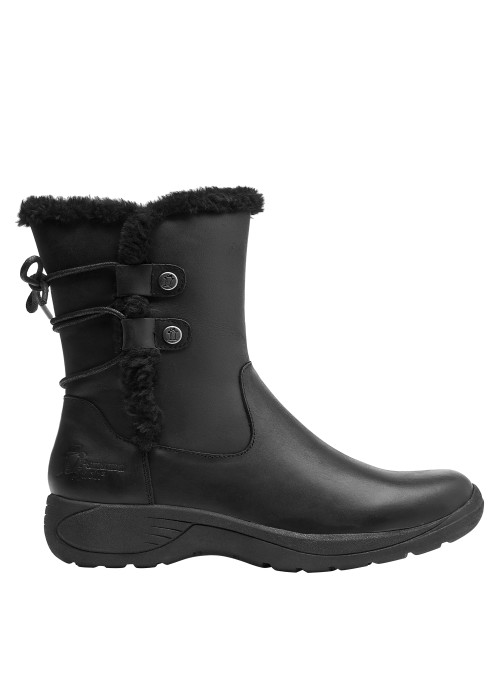 Bota de cuero negro para mujer, estilo casual, ideal para actividades urbanas y aventuras diarias.