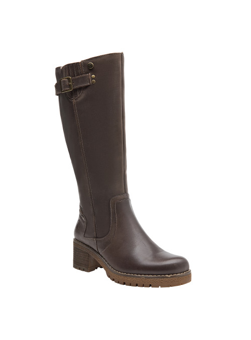 Bota de mujer en color café, estilo casual, confeccionada en cuero resistente para mayor durabilidad.