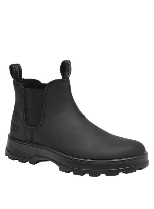Botín Chelsea negro de mujer, con puntada redonda, adecuado para ocasiones casuales y elegantes.