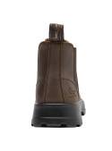 Botín de cuero café para mujer, con taco bloque de 4 cm, perfecto para un look casual y aventurero.