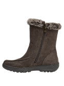 bota café de cuero para mujer, con detalles de pelaje, adecuada para looks versátiles.