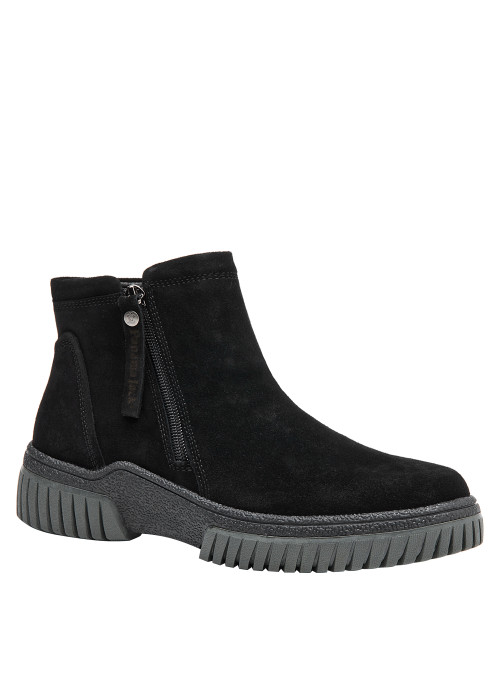 Botín de cuero negro para mujer, taco plano de 4.5 cm, cómodo para el día a día.