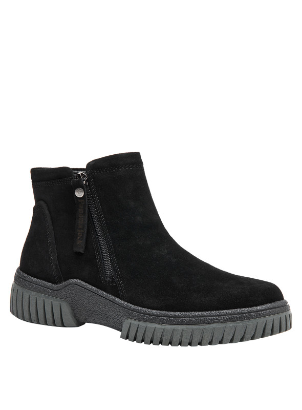Botín de cuero negro para mujer, taco plano de 4.5 cm, cómodo para el día a día.