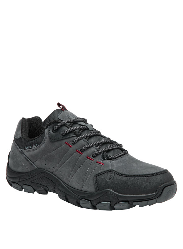 Zapatillas deportivas grises para hombre, con detalles en rojo, perfectas para un look versátil.