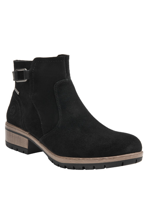 Botín de cuero negro para mujer, estilo casual, recomendado para looks urbanos.