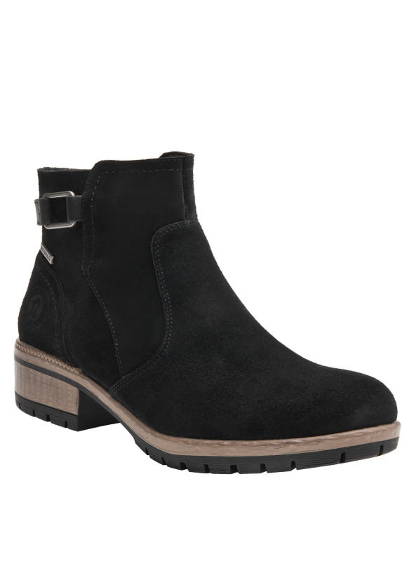 Botín de cuero negro para mujer, estilo casual, recomendado para looks urbanos.