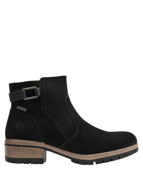 Botín de cuero negro para mujer, estilo casual, recomendado para looks urbanos.