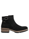 Botín de cuero negro para mujer, estilo casual, adecuado para combinar con jeans.