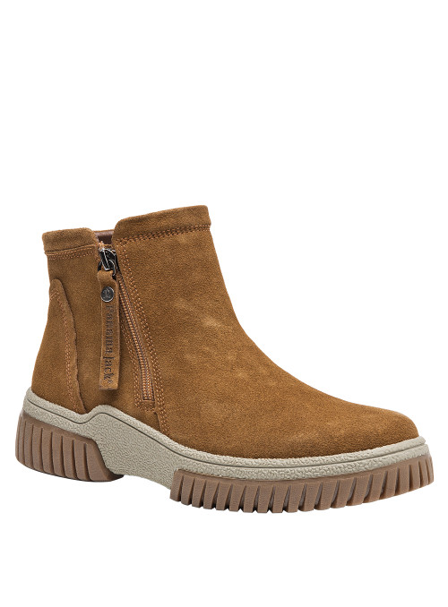 Botín casual camel para mujer, cierre lateral funcional, recomendado para escapadas al aire libre.