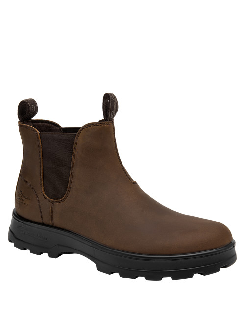 Botín de cuero café para hombre, estilo Chelsea, recomendado para actividades diarias y paseos.