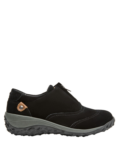 Zapatilla casual negra de mujer, con taco plano de 5 cm, perfecta para actividades urbanas.