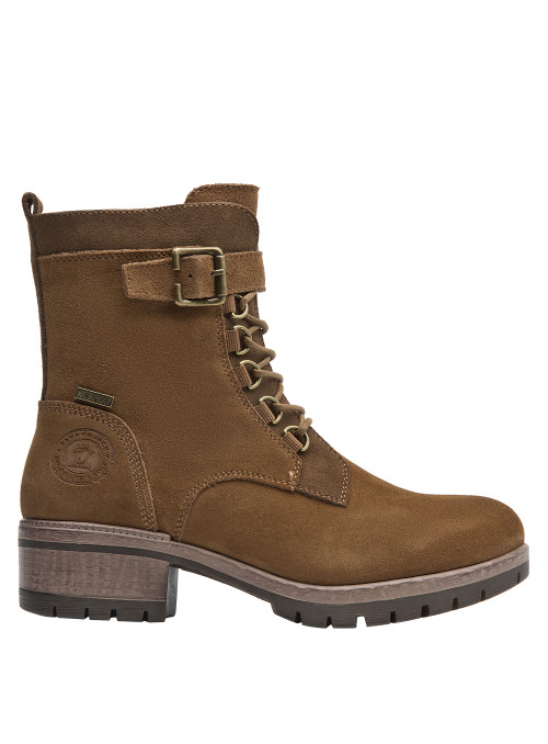 Botín camel de cuero suave para mujer, estilo casual, perfecto para combinar con jeans o vestidos.