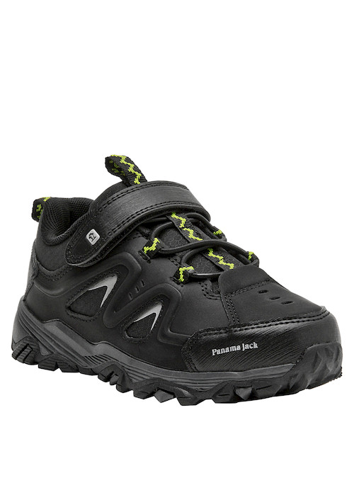 Zapatilla outdoor negra con estructura sintética, pensada para pequeños aventureros y exploradores.