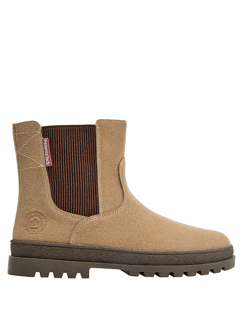 Botín sintético beige para niña, combina con jeans y chaqueta ligera.