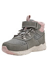 Botín gris sintético para niña con detalles en rosa, ideal para actividades al aire libre.