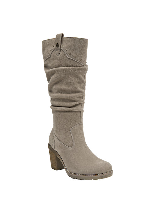 Vista superior de las botas taupe de mujer, mostrando su diseño versátil que combina con jeans y vestidos.