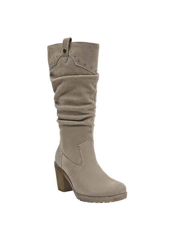 Vista superior de las botas taupe de mujer, mostrando su diseño versátil que combina con jeans y vestidos.