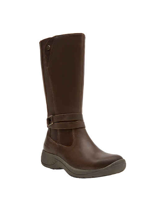 Bota de cuero moro para mujer, punta redonda que combina con jeans o vestidos ligeros.