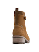 Botín de mujer en cuero camel, punta redonda y detalles de estilo auténtico.