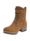 Botín de cuero camel para mujer, estilo casual, con cierre de hebilla y cordones.
