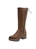 Bota café de cuero para mujer, estilo casual, ideal para actividades urbanas y al aire libre.