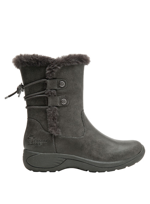 Bota de cuero gris para mujer, con taco plano de 4.5 cm que asegura estabilidad y confort.