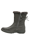Bota gris de cuero para mujer, perfecta para actividades al aire libre y exploración urbana.