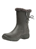 Bota de cuero gris para mujer, estilo casual, con diseño de punta redonda y taco plano.