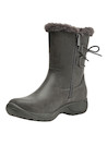 Bota de cuero gris para mujer, estilo casual, con diseño de punta redonda y taco plano.
