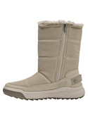 Vista lateral de las botas beige de mujer Panama Jack, mostrando su puntera redonda y taco plano.