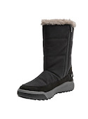 Bota negra de mujer con diseño outdoor, material textil y suela plana, ideal para aventuras al aire libre.