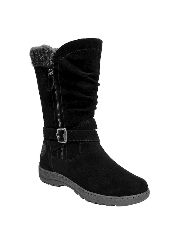 Bota de cuero negra para mujer, diseño elegante con correa decorativa que resalta su estilo.