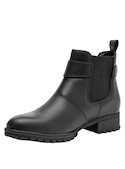Botín de cuero negro para mujer, estilo vestir, ideal para ocasiones casuales y elegantes.
