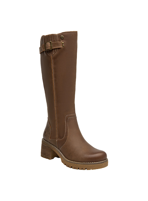 Bota robusta de cuero café para mujer, diseñada para comodidad en cada paso del día.