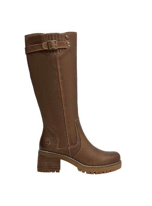 Bota robusta de cuero café para mujer, diseñada para comodidad en cada paso del día.