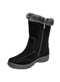 Botas de mujer negras de cuero con detalles de pelaje suave y diseño casual.
