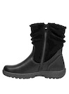 Vista lateral de las botas de cuero negro, mostrando su diseño elegante y detalles de tejido.