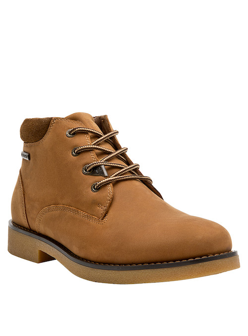 Botín de cuero camel, taco plano de 4 cm que asegura confort en cada paso.