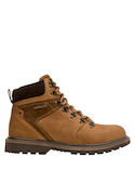 Botín urbano de cuero camel, ideal para el espíritu outdoor, ofreciendo estabilidad y protección.