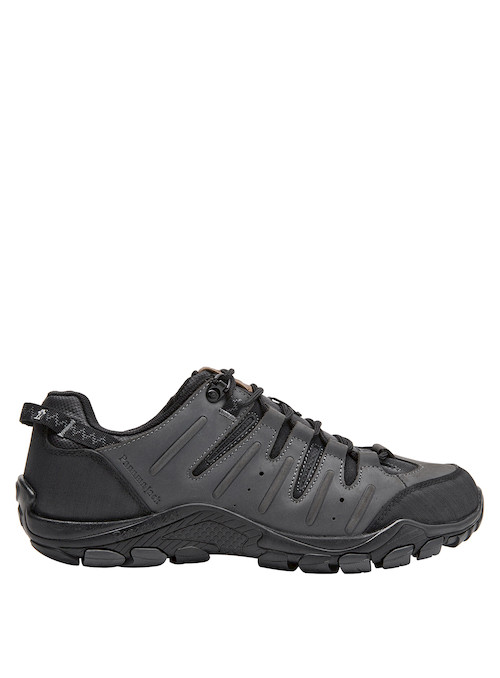 Zapatilla de cuero gris, suave y duradera, adecuada para explorar terrenos variados.