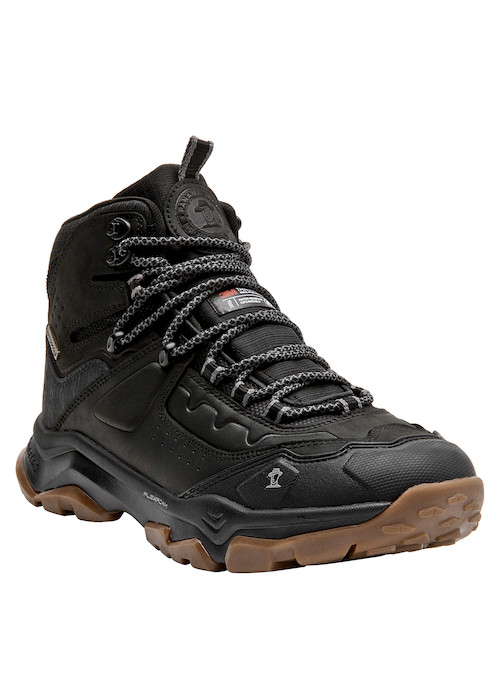 Botín outdoor para hombre en cuero negro, diseñado para escapadas y actividades al aire libre.