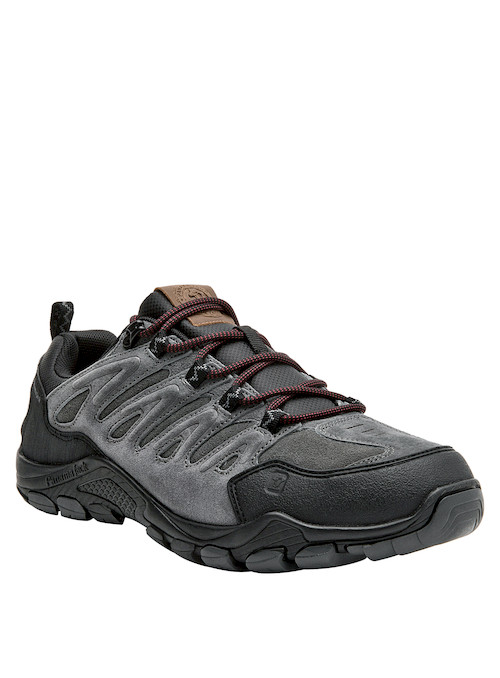 Zapatilla de hombre en cuero gris, con punta redonda, perfecta para aventuras urbanas y al aire libre.