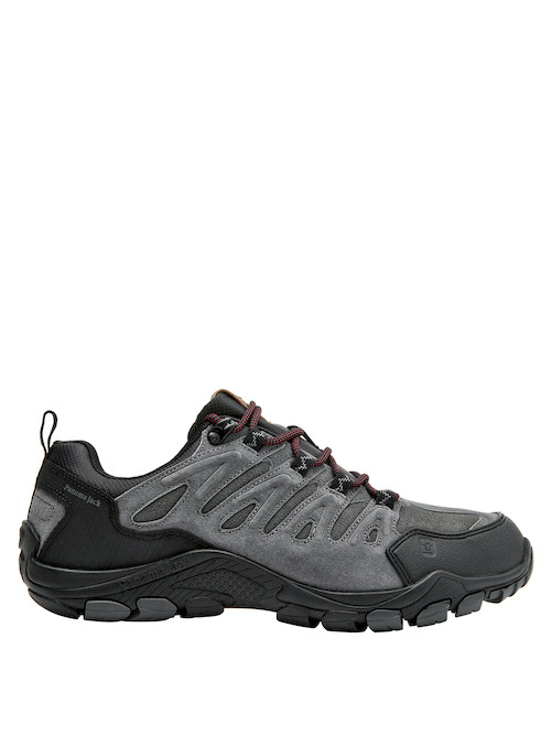 Zapatilla de hombre en cuero gris, con punta redonda, perfecta para aventuras urbanas y al aire libre.