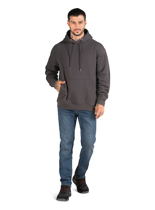 Polerón gris de hombre, casual, con gorro ajustable y bolsillo canguro, ideal para días fríos.