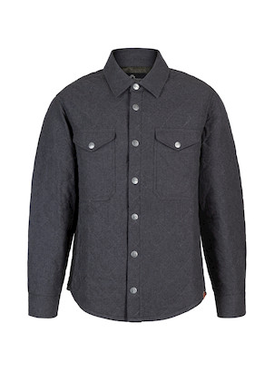 Vista lateral de chaqueta gris de algodón para hombre, con bolsillos prácticos y diseño moderno.
