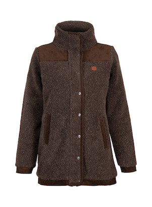 Chaqueta morada con cuello alto, diseñada para ofrecer abrigo y estilo en invierno.
