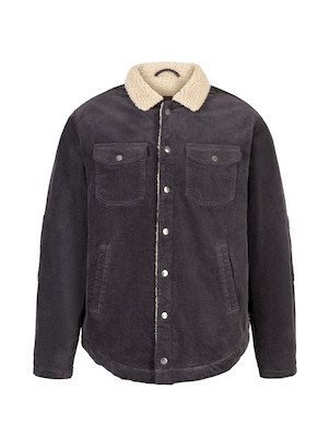 Vista de la chaqueta destacando su textura de pana y diseño contemporáneo con un toque vintage.