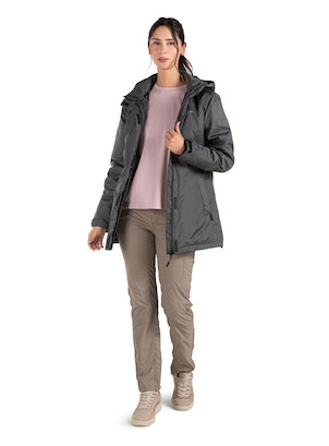 Parka gris plomo oscuro para mujer, estilo casual, fabricada en 100% nylon, ideal para actividades urbanas.