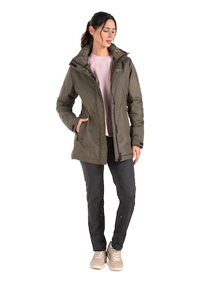 Parka de mujer en color oliva, estilo casual, confeccionada en nylon resistente, ideal para actividades urbanas.