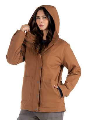 Chaqueta de mujer con cuello alto y gorro fijo en color camel, perfecta para mayor cobertura y abrigo.